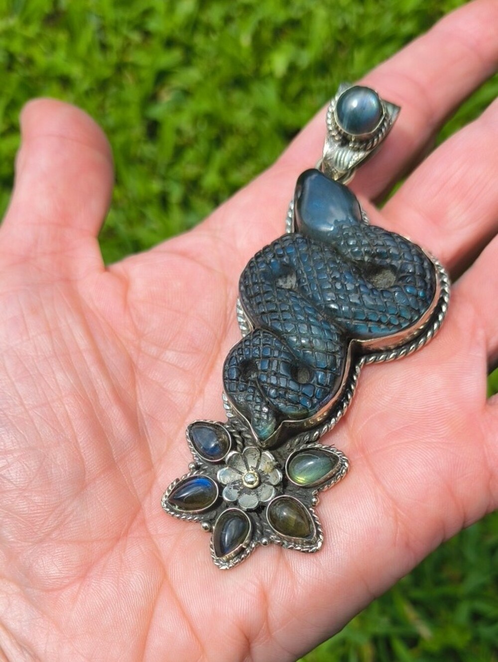 GORGEOUS HUGE STATEMENT Labradorite Snake Tibetan Silver Pendant Boho Chic Goth - Picture 7 of 11
